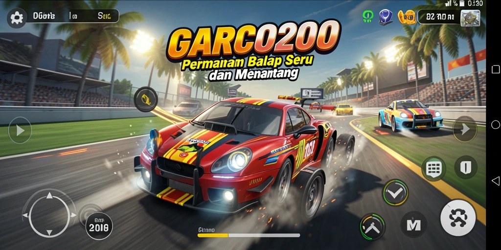 Screenshot menampilkan gameplay balap yang penuh aksi di GARCO200.