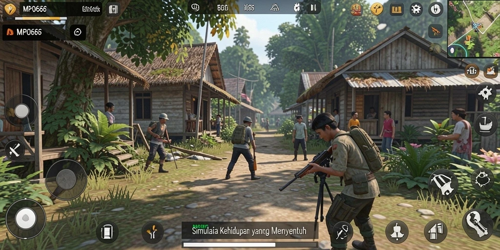 Screenshot MPO666 menunjukkan karakter yang berinteraksi dalam gameplay simulasi.
