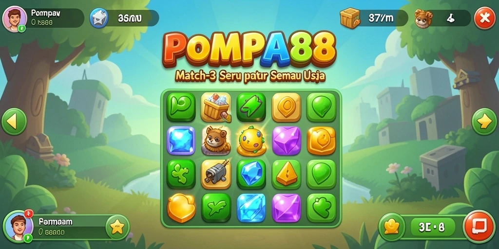 Screenshot POMPA88 menampilkan gameplay Match-3 yang penuh warna.