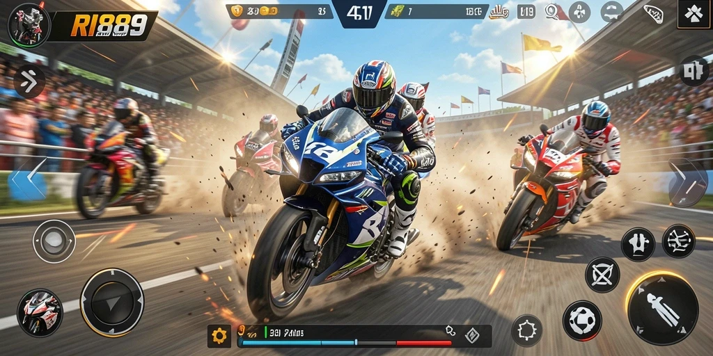 Screenshot gameplay RI889 yang menunjukkan aksi balapan motor yang seru.